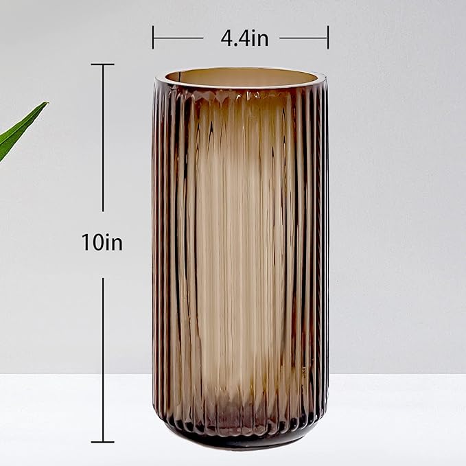 Muyan 9.8" Flower Vase for Decor Ribbed Glass Vase Modern for Centerpieces Desktop Home Office Dining Living Room Wedding (Amber)