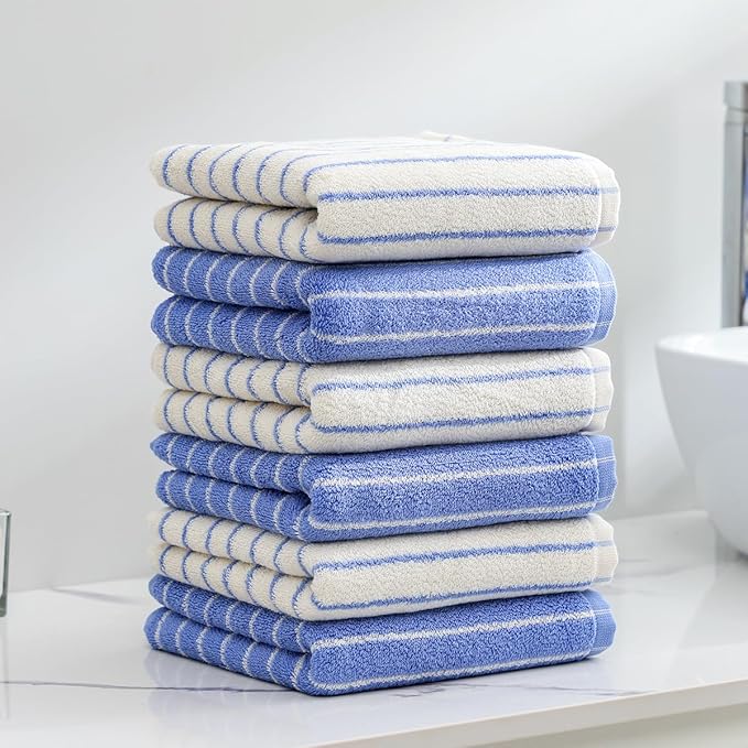 Blue Striped Hand Towels, Bathroom Hand Towel Set of 6, 13" By 29" - 100% Cotton | Quick Dry | Absorbent | Light Weight, Soft Face Towel for Showering & Guest, Luxury Towel Gift