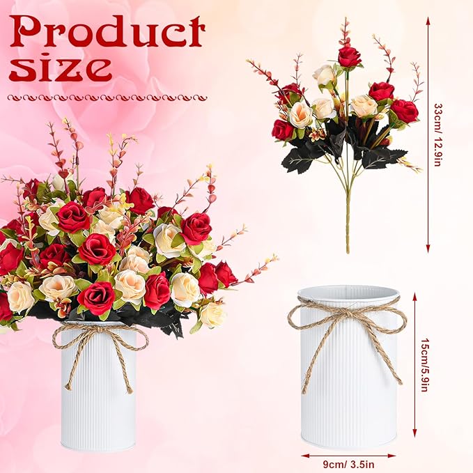 6 Set Fake Flower in Vase, Artificial Flowers with Vase, Centerpiece Table Decorations with 6 Pcs 6 Inch Large Vases and 12 Pcs Mixed Colors Silk Rose Bouquet for Wedding Home Office Farmhouse Decor