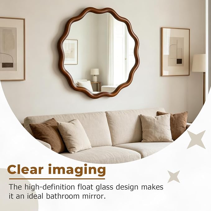24" Wavy Edge Round Mirror, Solid Wood Framed Wall Decor with Clear Reflection for Bathroom, Bedroom, Living Room & Entryway (Dark Walnut)