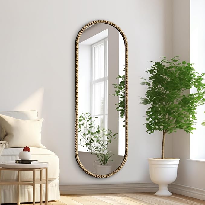 Antique Gold Full Length Mirror Oval Full Body Wall Mirror Baroque Beaded Mirrors Gold Metal Framed Decorative Wall Mirror for Bedroom Entryway 47"X16"