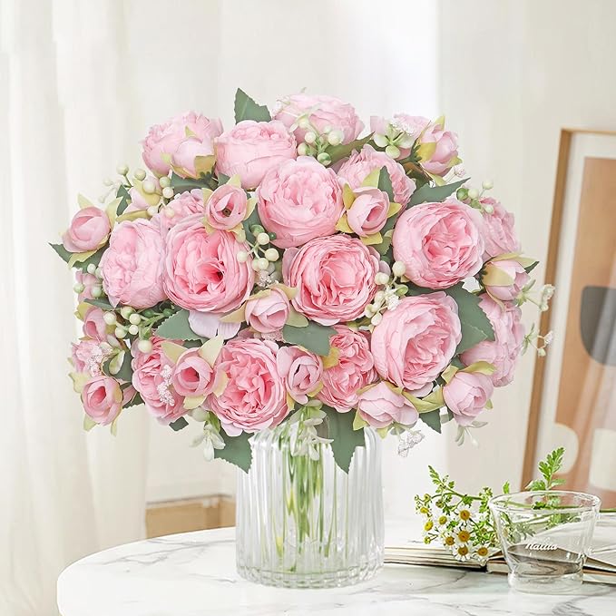 SOMYTING Artificial Peony Flower, Silk Peonies Bouquet Fake Flowers Faux Floral Arrangements Dining Table Centerpieces for Home Kitchen Bridal Wedding Party Decor (Light Pink, 2PCS)