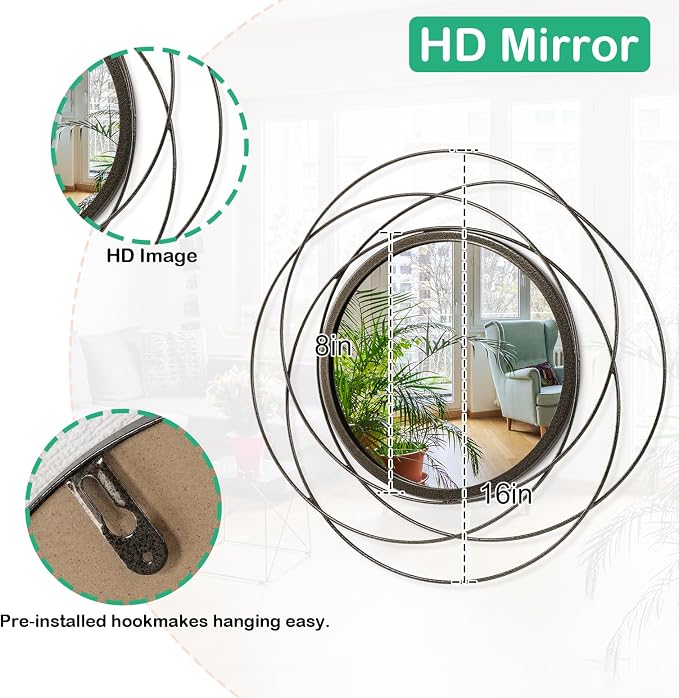 Wall Mirror Mounted Small Round Decorative Mirrors, Circle Metal Art Mirror Home for Bathroom Vanity, Living Room or Bedroom 16”
