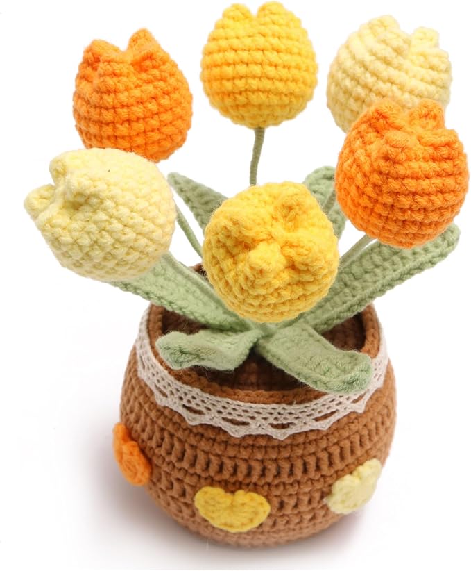 Handmade Tulips, Hand-Woven Flowers, Crocheted Tulips, Artificial FlowersTulipsBirthday Gifts for Family and Girlfriends, Home Office Decoration, Graduation Anniversary (6 Flowers-Yellow)