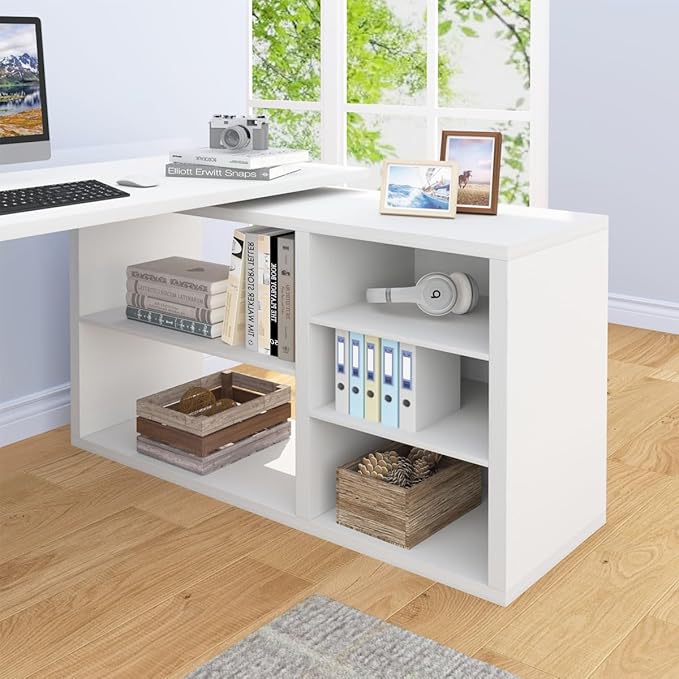 HSH White L Shaped Desk with Shelf, Reversible Modern Home Office Desk Workstation, L Shape Computer Desk with Storage Cabinet Drawer, Industrial Wood Corner Table for Work Study Writing Gaming, 55 In