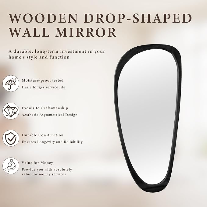 48''x22'' Asymmetrical Mirror with Wood Frame Black, Small Irregular Wall Mirror Odd Shaped, Mid Century Modern Mirror Decor for Bedroom Living Room Entryway Hall
