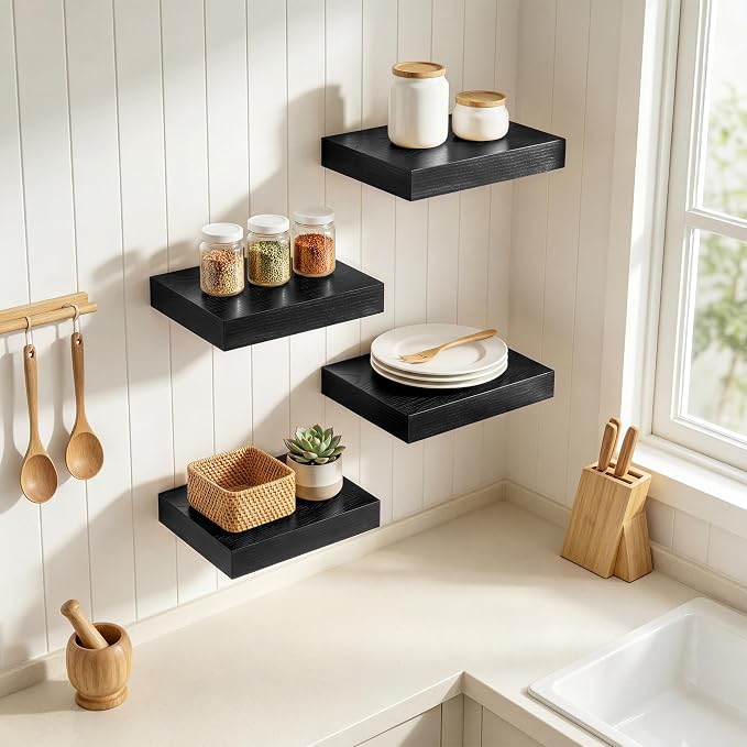 RICHFOCUS 8 Inch Floating Shelves for Wall Small Square Shelves Set for Bedroom|Kitchen|Bathroom|Laundry Room Rustic Wood Wall Mounted Shelf with Invisible Brackets for Books|Storage|Decor, Black