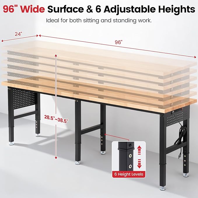 Work Bench 96 Inch Heavy Duty Work Table with Power Outlets & Extended Pegboard Adjustable Height 5000 Lbs Load Capacity Workstation for Garage, Workshop, Home, Office