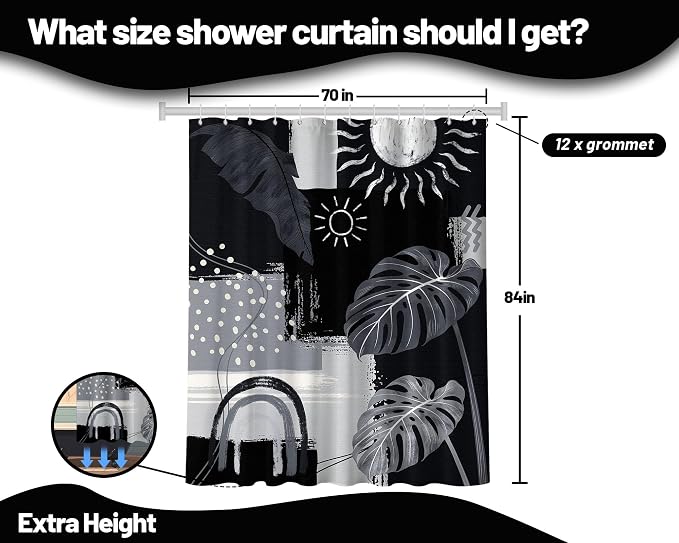 Black and Gray Mid Century Modern Shower Curtain Bohemian Abstract Dark Black and Grey Shower Curtains for Bathroom Decor Sets, Waterproof Cloth Fabric with Hooks, 72x84 Inch