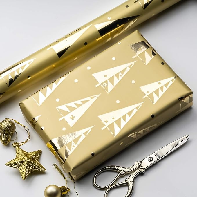 WRAPAHOLIC 30 Inch Green Christmas Wrapping Paper Roll - Jumbo Roll Green and Gold Holiday Design with Metallic Foil Shine - 4 Rolls - 30 Inch x 120 Inch Per Roll