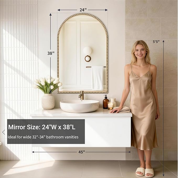 Arched Beaded Mirror for Bathroom, 24"x38" Antique Gold Arch Vanity Wall Mirror, Retro Brass Metal Frame Champagne Bronze Mirrors for Bedroom Dressing Room Entryway Fireplace
