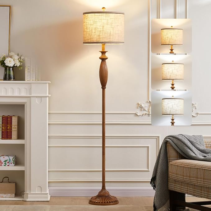 63.8" Vintage Floor Lamp with Rotary Switch, Dimmable Color Temperature Standing Lamp, Retro Farmhouse Floor Lamps for Living Room, Bedroom, Hallway, Office, Room Decor, Light Wood Grain