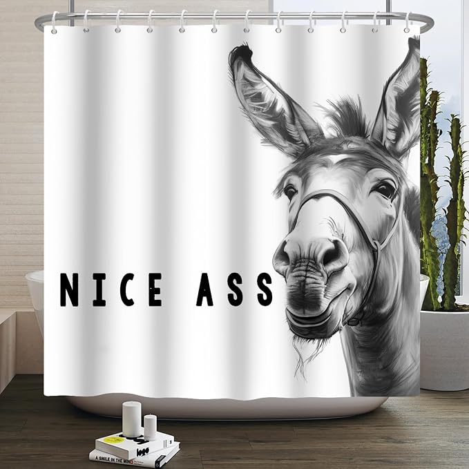 Funny Donkey Shower Curtains Joke Hilarious Animal Bathroom Curtain Rustic Farmhouse Cute Donkey White Shower Curtain Sets for Bathroom Extra Long 72x96 in with 12 Hooks