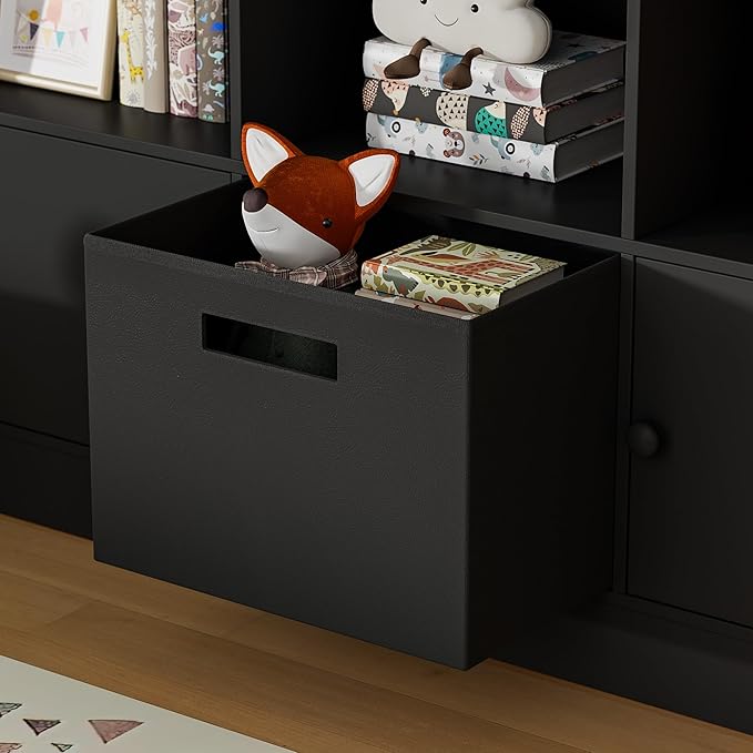 2-Tier Open Bookcase with 2 Doors, 6-Cube Wooden Bookshelf with Fabric Drawer, Floor Standing Display Cabinet Organizer, Kids Open Shelf Low Bookcase for Living Room, Bedroom, Office, Black