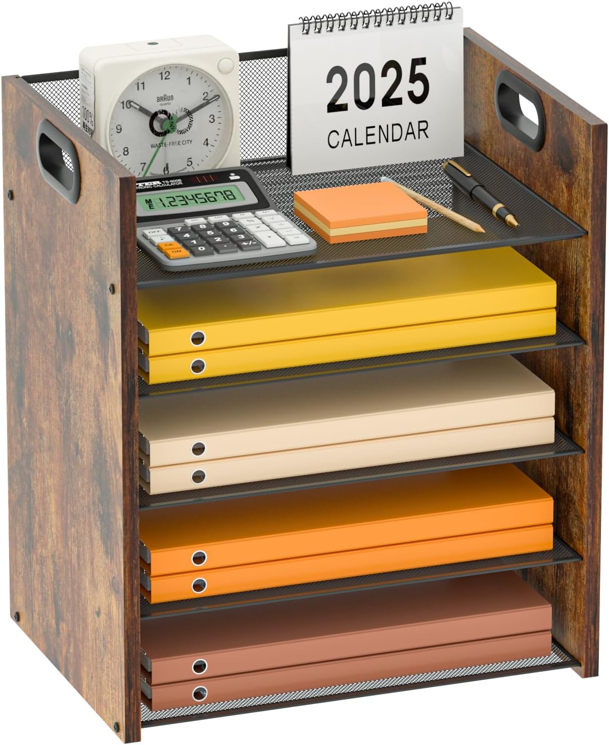 5 Tier Wood Paper Organizer - Metal Office Organizer with Handle | Mesh File Holder for Home & School