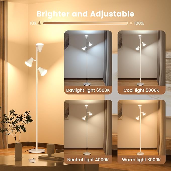 SIBRILLE 36W LED Tree Floor Lamp, Dimmable Tall Standing Lamp with Remote & Touch Control, 4 Color Temperatures Bright Floor Lamp, 3 Rotatable Light Modern Floor Lamps for Living Room Bedroom Office