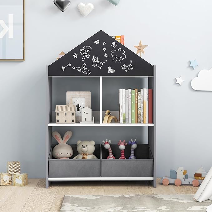 HONEY JOY Toy Storage Organizer, Wooden Dollhouse Bookcase w/Blackboard, Whiteboard, Storage Bins, Toddler Book Shelf, Children Toy Display Chest Cubby, Kids Bookshelf for Playroom Nursery (Gray)