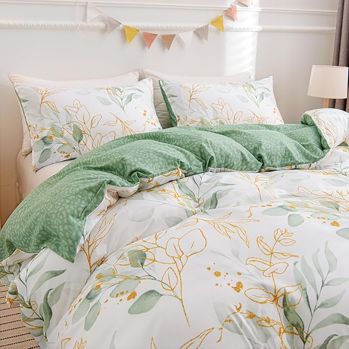 Nayoroom White Floral Duvet Cover King Size Green Gold Leaves Printed Reversible Botanical Comforter Cover 3 Pieces Soft Breathable Microfiber Cottagecore Bedding Set with Zipper Closure
