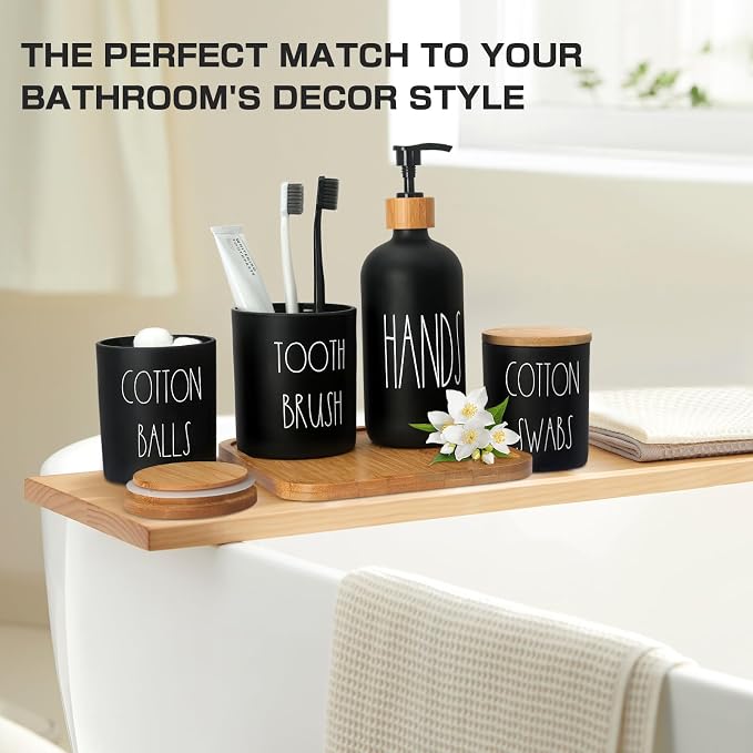 Matte Black Bathroom Accessories Set, 5 Pcs Glass Bathroom Accessory Set with Bamboo Tray, Soap Dispenser and Toothbrush Holder Set, Qtip Holder Set, Farmhouse Boho Bathroom Set Complete