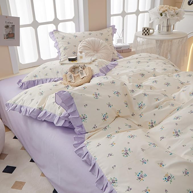 Purple Lace Duvet Cover Queen Soft 100% Cotton Purple Flower Duvet Cover Girls Floral Comforter Cover Garden Style Princess Bedding Set Cottagecore Flower Ruffle Comforter Cover with Zipper Closure