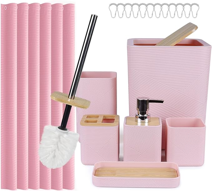 CERBIOR Bathroom Accessory Set with Shower Curtain, Includes Shower Curtain,Soap Dispenser, Toothbrush Holder, Toothbrush Cup, Soap Dish for Decorative Countertop and Housewarming Gift,Pink,20PC
