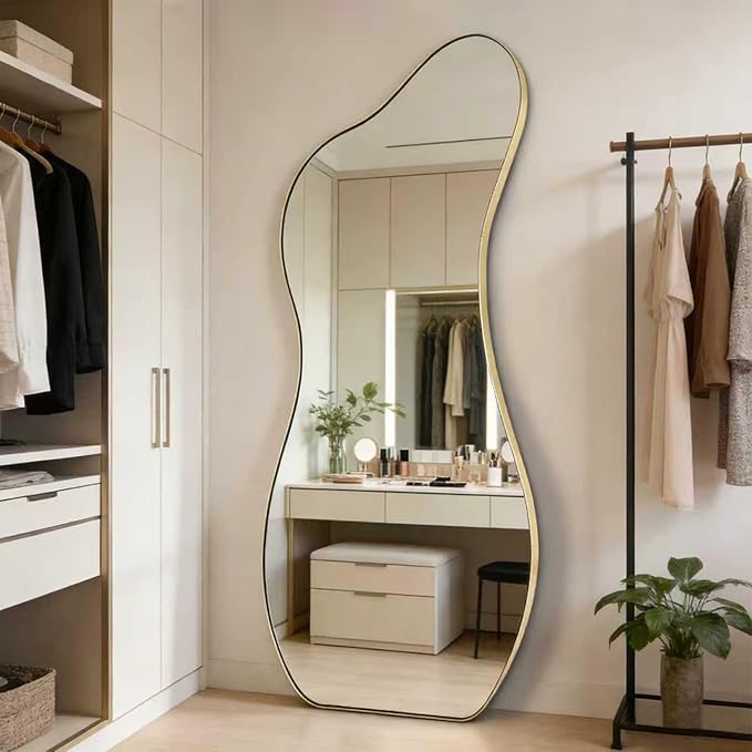 Large Irregular Wall Mirror, 63"x30" Asymmetrical Aesthetic Floor Mirror with Gold Metal Frame, Modern Organic Shaped Mirrors for Living Room Bedroom Hallway Entryway, Hanging or Leaning