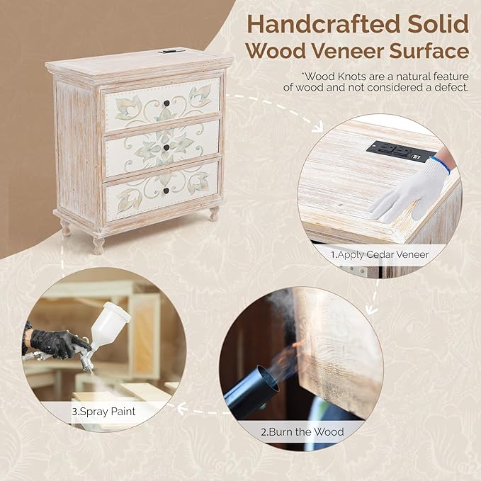 VINGLI Washed White Dresser with Charging Station, 3 Drawer Dresser Boho Wood Chest of Drawers, Wooden Dressers with Drawers and Solid Wood Legs