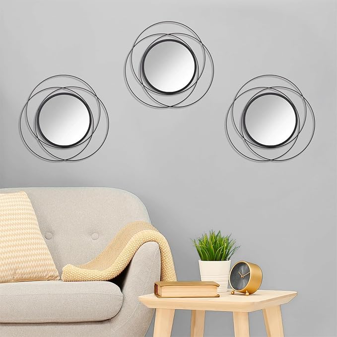 Black 3 Pcs Decorative Wall Mirror Circle Modern Mirror Round Art Ring Metal Mirrors Wall Decor Wall Mounted Mirror for Living Room Bedroom Dining Room Hallway Entryway 12"