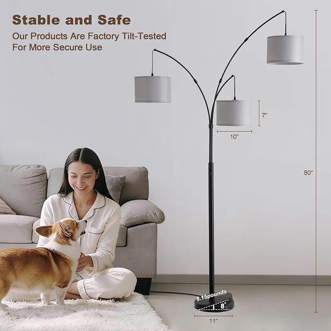 Netin 3 Light Arc Floor Lamps for Living Room, Led Floor Lamp with Remote Control, Modern 80" Tall Standing Lamp with Gray Shades, 3 Color Temperature, Mid Century Tree Floor Lamp for Bedroom, Office