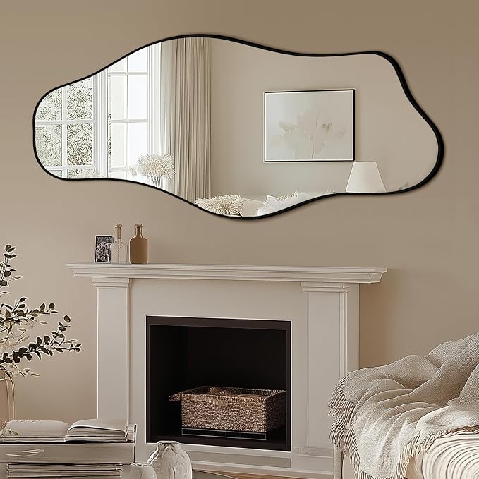 Mirrorons Irregular Wall Mirror 47×21, Black Asymmetrical Decorative Bathroom Mirror, Cloud Mirror, Modern Vanity Mirror, Shatterproof (Black)
