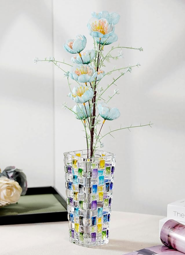 Magcolor Hand Painted Blue Woven Glass Vase -Crystal Flower Vase- 7.7 inch, Glass Plant Vase for Floral Arrangements, Centerpieces, Weddings, Housewarming, Centerpiece Home Deco.
