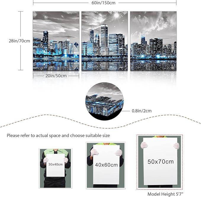 SERIMINO Wall Decor Living Room Modern City Chicago Skyline Large Canvas Wall Art for Bedroom Poster for Office Farmhouse 3 Pieces Set Wood Framed Night Scene Prints Paintings for Home 20"X28"