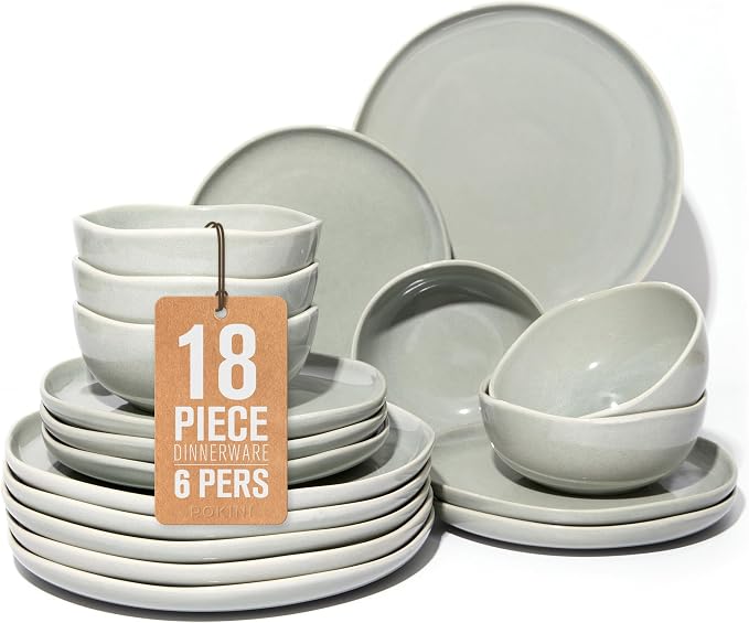 Pokini Dinnerware Sets for Family of 6, Ceramic Plates and Bowls Set, Kitchen Dish Set, Microwave & Dishwasher Safe Dishware, Highly Durable Reactive Glazed Dinner Set, Gray Green