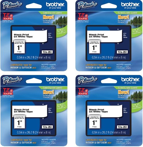 Brother Genuine P-Touch Laminated Tape - Black Print on White | 0.94" Wide, 26.2 ft Long, 4-Pack