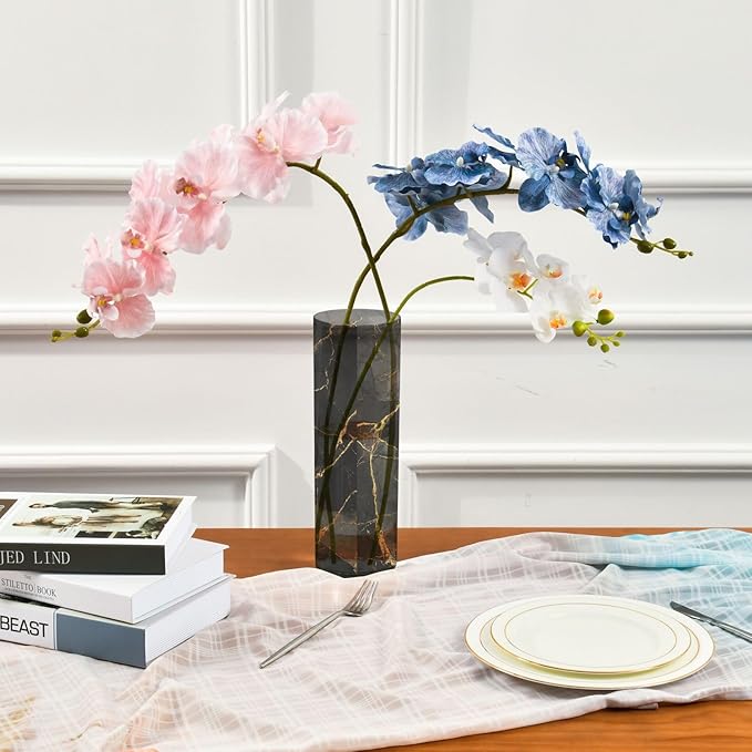 xmyzcd Gold Black Marble Vase Cylinder Vases Clear Plastic Flower Vase Easy to Clean for Centerpieces Homes, Offices, Kitchens