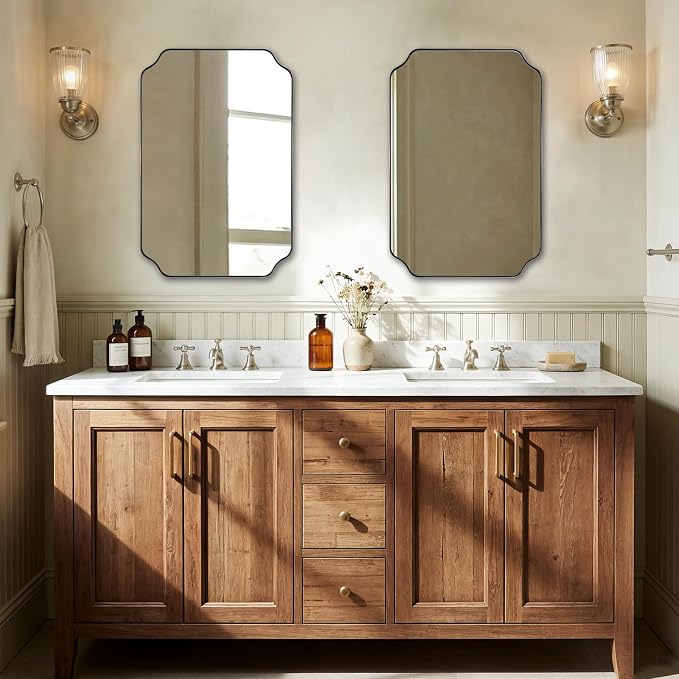 ANDY STAR Chrome Bathroom Mirror, 20x30 Inch Polished Nickel Vanity Mirror, Scalloped Mirror in Rustproof Stainless Steel Thin Frame, Unique Rounded Notched Corners, Ideal for Narrow Bathroom Remodel