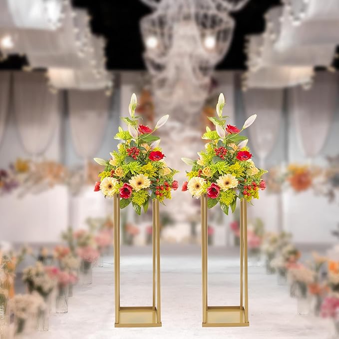 2PC 23.6" Flower Stand for Wedding Metal Cylinder Stands for Party Rectangular Gold Centerpieces Flower Vase Gold Pedestal Columns for Weddings Indoor Outdoor Flower Plant Stand Decoration