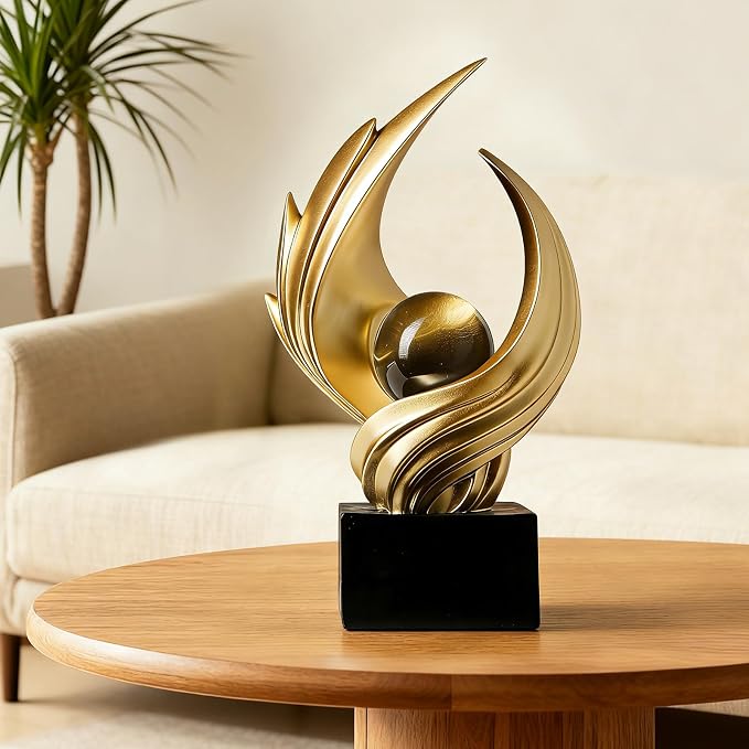 Modern Art Statue Decor, Abstract Swirl-Shaped Sculpture with Glass Ball Resin Art Figurines Centerpiece Sculptures for Home Decor Living Room Stand Coffee Table Office Bookshelf Decoration (gold)