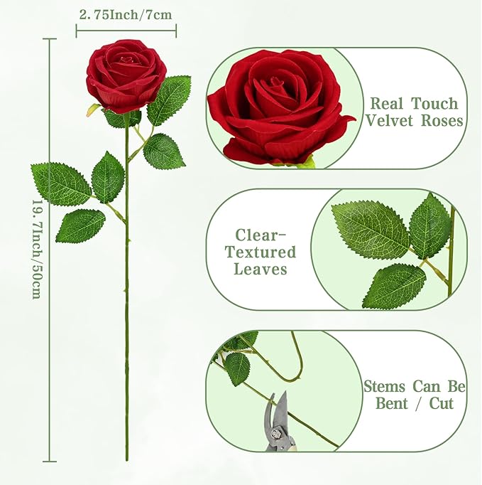 Waipfaru 100 Pcs Red Roses Artificial Flowers Bulk, Real Touch Velvet Roses with Wrapping Paper, Fake Flowers for Wedding Centerpieces Bridal Bouquet Valentines Mothers Day Decor