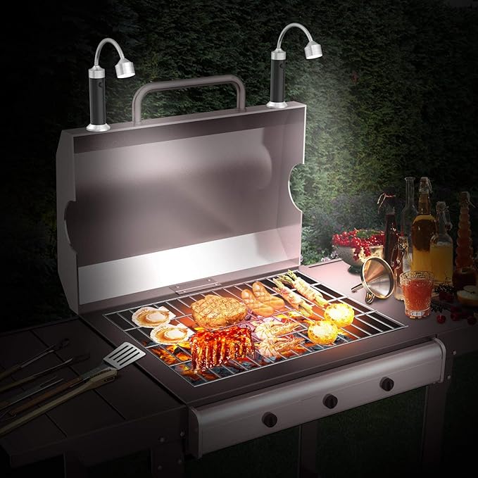 FIREOR Barbecue Grill Light Grilling Accessories for Outdoor, BBQ Magnetic LED Lights Flexible Gooseneck Weather Resistant, Men Dad Gifts Batteries Included 2 Pack (Black)