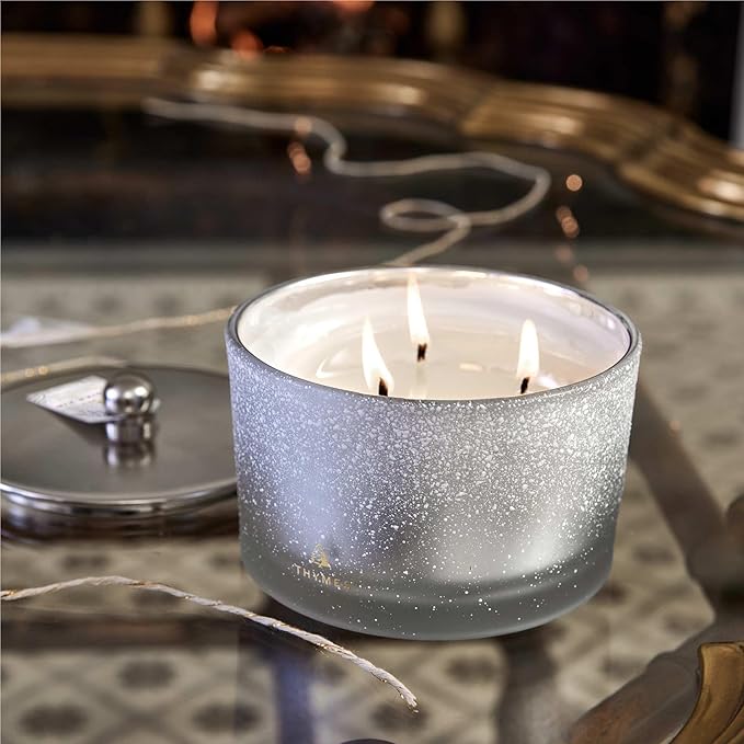 Thymes Frasier Fir Flocked Jar Candles – Holiday Scented Candles for Home with Notes of Crisp Siberian Fir, Cedarwood & Sandalwood – Luxury Home Decor Gifts for Women & Men (3-Wick, 18 oz)