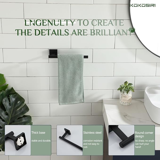 KOKOSIRI Towel Bar Matte Black Bathroom Hardware Hand Towel Rails Wall Mounted Kitchen Toilet Cabinet Paper Holder 2 Pack, Stainless Steel B3008BK-P2
