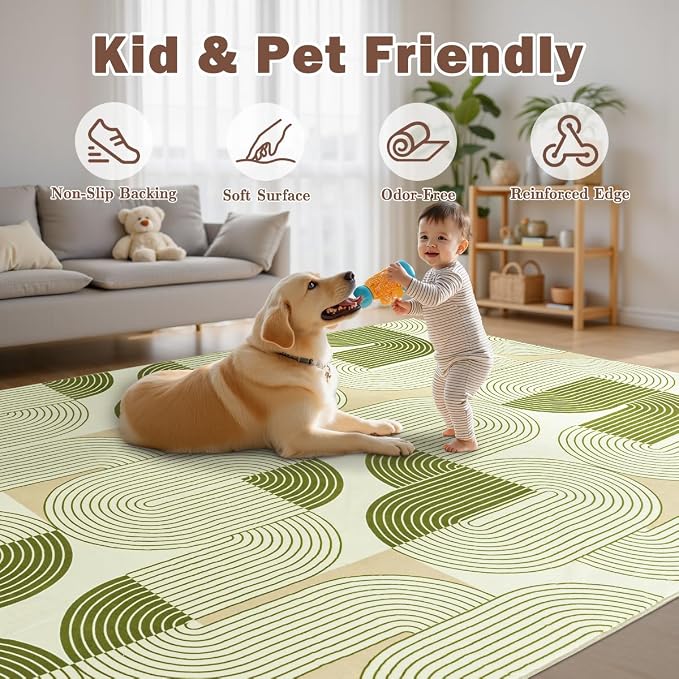 Rugs for Living Room, Soft Green Area Rug for Bedroom 4x6, Washable Mid Century Modern Rug, Non Slip Indoor Floor Boho Low Pile Abstract Carpet for Dining Room Nursery Office Home