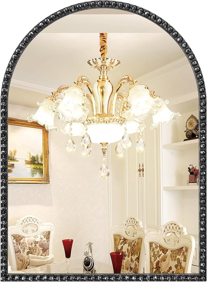 Arched Mirror for Bathroom, 24"x36" Black Arch Wall Mirror, Retro Black Metal Beaded Frame Decorative Mirror for Vanity Accent Bedroom Living Room Entryway Mantel