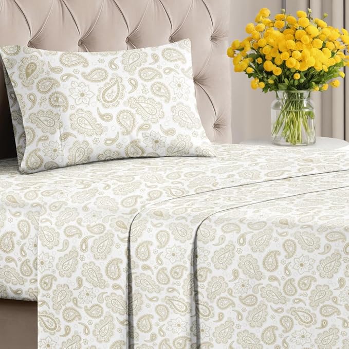 Floral Sheets - Paisley Bed Sheet Set - 1 Flat, 1 Fitted & 1 Pillowcase w/ Deep Pockets - Comfy, Cozy, Wrinkle & Fade Free - Boho Botanical Bedding - Ultra-Soft, Breathable & Cooling - Twin Size