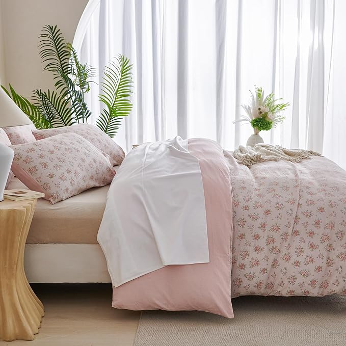 King Size Comforter Set Soft Flower 3 Pieces Chic Crinkle Gauze Fabric Garden Style Floral Print Botanical Comforter for All Seasons Luxury Warmth Comfy Breathable with 2 Pillowcases