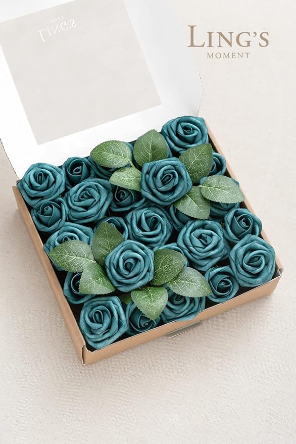 Ling's moment Artificial Wedding Flowers 1.5" Rose Buds and 2" Petite Roses 25pcs Dark Teal w/Stem for DIY Wedding Boutonniere Wrist Corsages Bouquets Centerpieces Arrangements