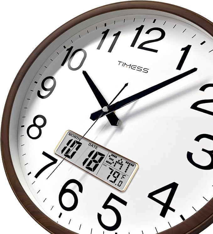 TIMESS Wall Clock, Classic Wood Style Finish, 13 Inch Non-Ticking Silent Battery Operated Quartz Analog with Perpetual Calendar and F° Temperature Display, Home, Office Décor (Chestnut Brown)