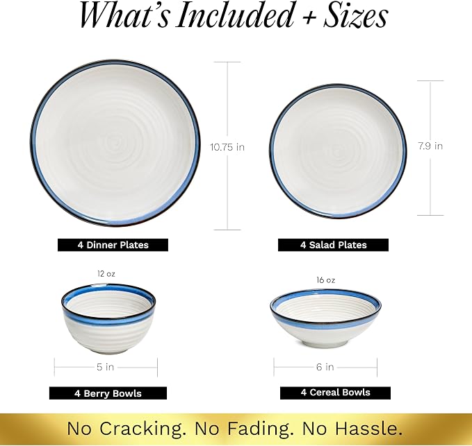 Sango Siterra Santorini 16-Piece Stoneware Dinnerware Set for 4, Ceramic White Plates and Bowls Sets with Blue Rim & Reactive Glaze, Chip Resistant Dish Set, Microwave & Dishwasher Safe Kitchen Dishes