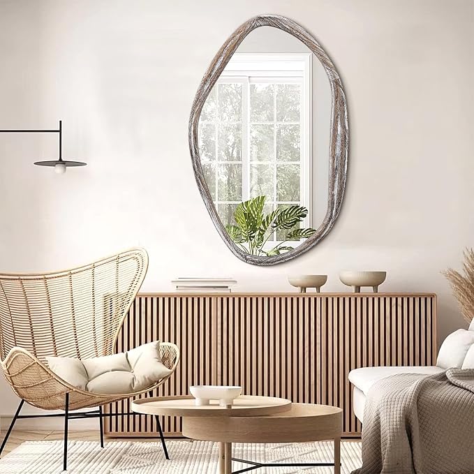 JJUUYOU Large Asymmetrical Mirrors Irregular Bathroom Wall Mirror 26"x18" Wooden Frame Modern Decorative Mirror for Makeup Bathroom Living Room,Brown